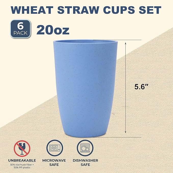Wrova Wheat Straw Cups 6 PCS Good Alternative to Plastic Reusable Cups 20 oz Unbreakable Drinking Cup Reusable Dishwasher Safe Water Plastic Glasses Sky Blue