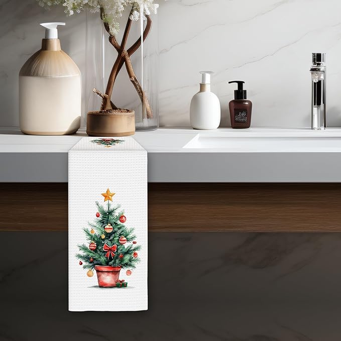 Christmas Tree Kitchen Towels, Christmas Winter Dish Towels, Xmas Tree Winter Holiday Decorative Hand Towels for Bathroom, Rustic Xmas Farmhouse Kitchen Bathroom Decor(16x24 Inch)