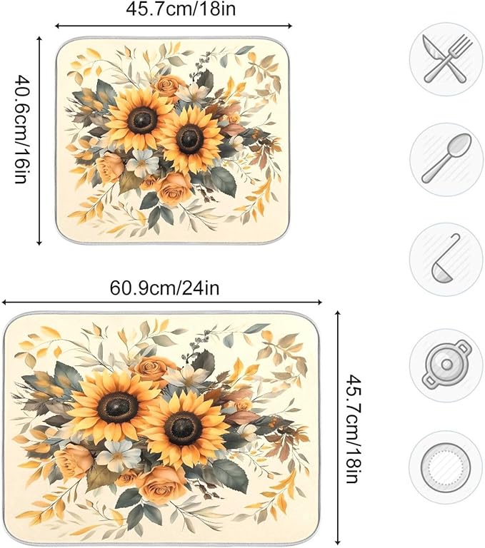 Sunflower Leaf Flower Dish Drying Mat for Kitchen Counter Absorbent Dish Drainer Mats Drying Pads 16"x18"