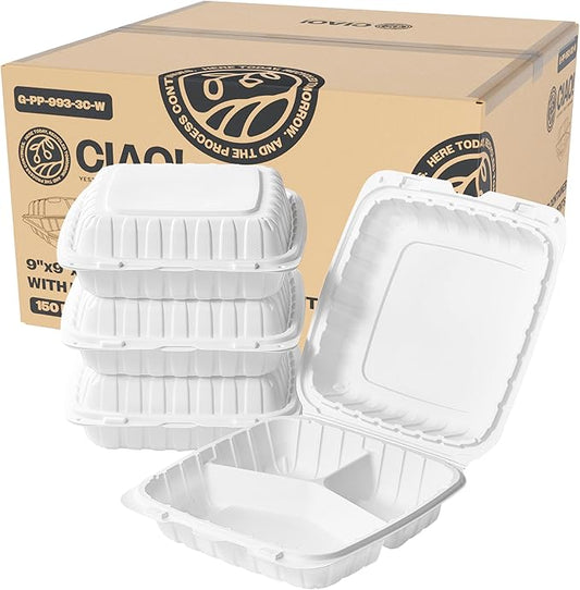 CIAO! 9"x9"x3" MFPP White Hinged Container With Lid 3 Compartment (Case of 150)