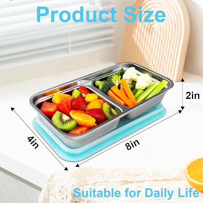 Zkptops 4Pcs Grab and Go Snack Containers Stainless Steel Reusable Snack Condiment Box with Lids Double Compartment Food Storage Container Dishwasher Divided Lunch Meal Container for School Travel