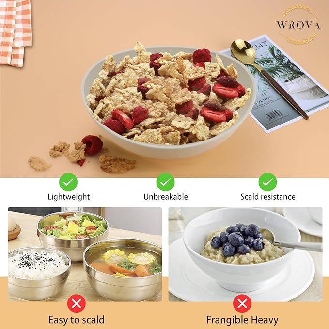 Wrova 65oz Big Wheat Straw Bowls - Large Salad Bowls set of 6 - Unbreakable Serving Bowl Sets - Microwave & Dishwasher Safe Bowl Sets for Cereal,Salad,Fruit - Beige
