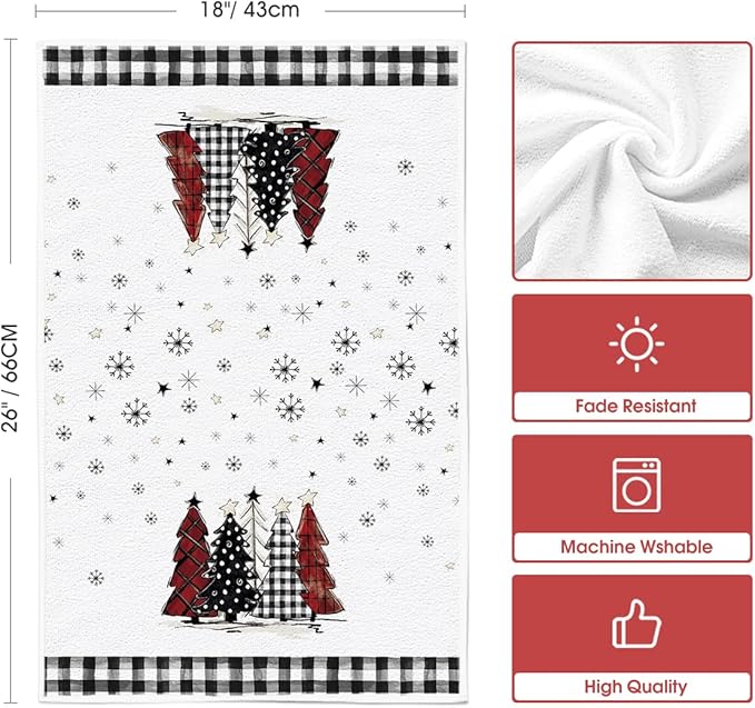 Artoid Mode Buffalo Plaid Merry Christmas Kitchen Towels Dish Towels, 18x26 Inch Winter Xmas Trees Star Decoration Hand Towels Set of 2