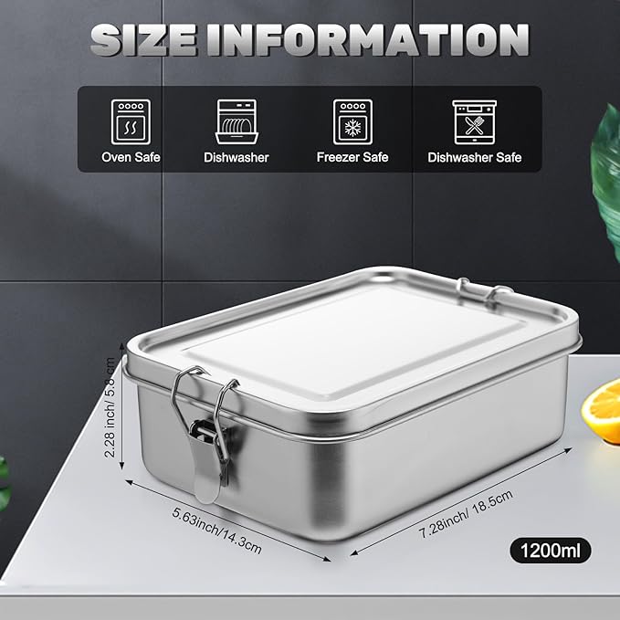 Umigy 4 Pcs Stainless Steel Food Containers 1200ml Metal Bento Lunch Box Stainless Steel Food Storage Containers, Lockable Clips to Leak Proof, Reusable Dishwasher Snack Boxes for Work