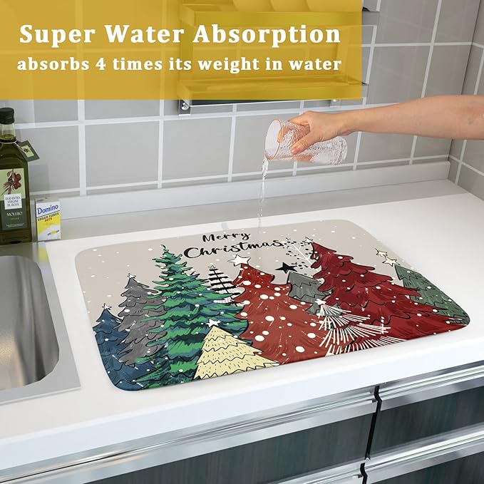 Christmas Trees Dish Drying Mat Winter Holiday Kitchen Dishes Pad 18x24 Inch Absorbent Reversible Fast Dry Draining Rack Pad for Countertop
