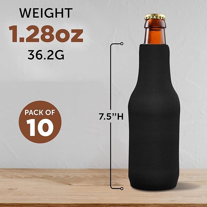 10 Neoprene Zippered Beer Bottle Coolies Pack - Sharkskin Rubber Bottom - Black