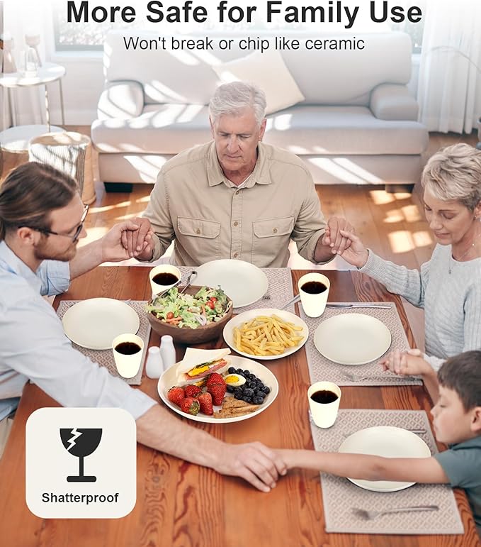 Quatish 24 Piece Plates and Bowls Sets for 6, Unbreakable Dinnerware Sets, Plastic Dish Set for Camping, Dishwasher Microwave Safe, Outdoor Kitchen and Apartment Dinning RV Essentials, Beige