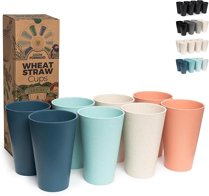 Grow Forward Premium Wheat Straw Cups - 20 oz Unbreakable BPA Free Hard Plastic Cups - Reusable Lightweight Plastic Drinking Glasses for Kitchen, Outdoor, Water, Camping, RV - Tropical