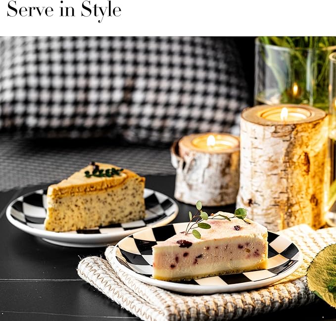 Black and White Checkered Small Dessert Plates Set of 6-6 Inch Ceramic Plates, Microwave & Dishwasher Safe, Minimalist Decorative Platters for Desserts