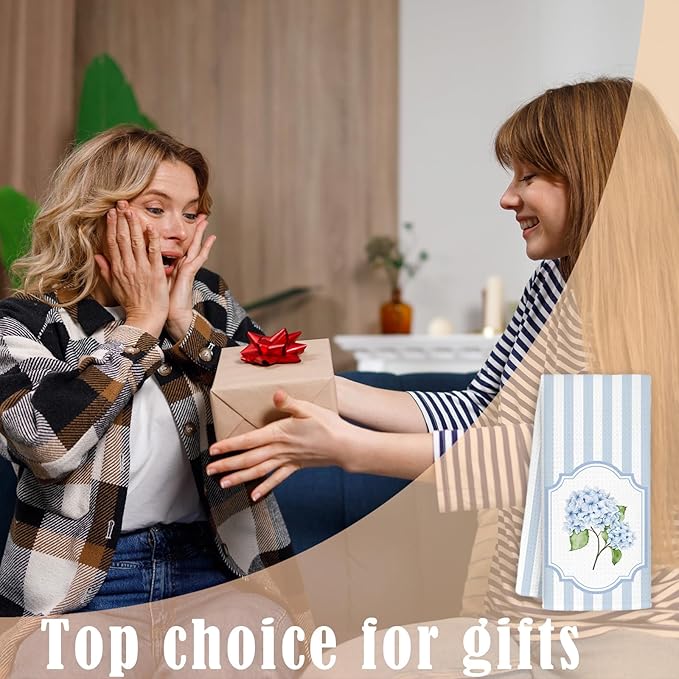 Blue Hydrangea Floral Kitchen Towels Set of 2, Cottagecore Botanical Dish Tea Towel for Kitchen, Blue and White Grand Millenial Stripes Decorative Hand Towels for Bathroom, 16x24 Inch