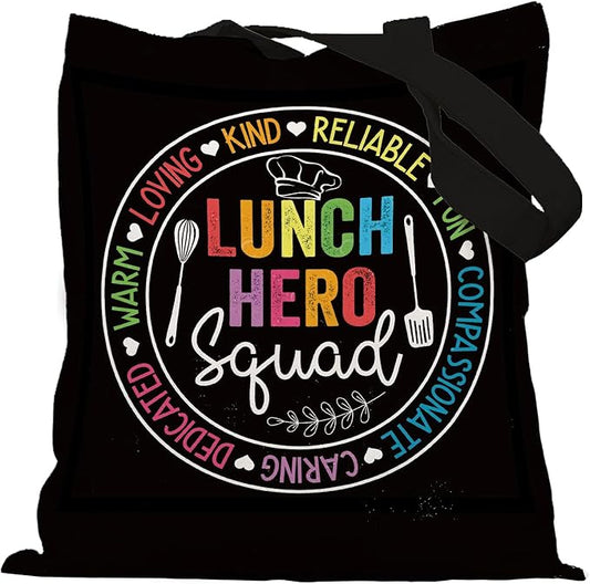 School Lunch Hero Squad Tote Bag, Lunch Lady Appreciation Gifts Canvas Tote Bags for Women, Cafeteria Staff Workers Gifts Reusable Grocery Shopping Bag