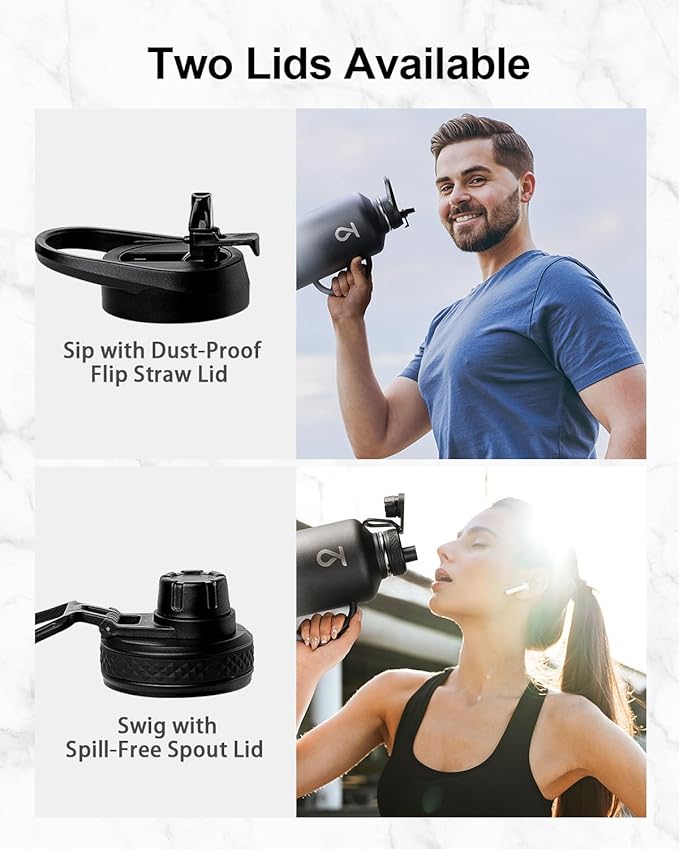 Trebo Half Gallon Water Bottle Insulated with Handle, 64 oz Double Wall Stainless Steel Metal Large Jug, Travel Flask with Straw Spout Lid, Mug Tumbler with Carry Pouch, Keep Cold Hot, Dark Gray