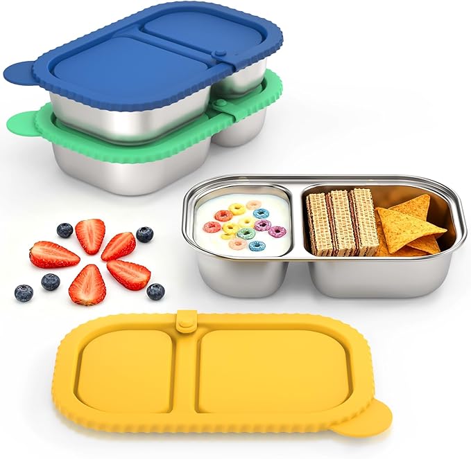 3 Pack Reusable Stainless Steel Snack Containers, Capacity Upgrade 2 Compartment Snack Containers with Lids, Reusable Food Storage Containers with Lids for Travel, Outdoor, Camping