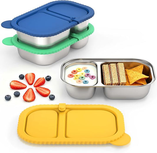 3 Pack Reusable Stainless Steel Snack Containers, Capacity Upgrade 2 Compartment Snack Containers with Lids, Reusable Food Storage Containers with Lids for Travel, Outdoor, Camping