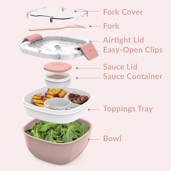 Bentgo Salad Container - 54 oz Bowl with 4-Compartment Toppings Tray, Dressing Container, Reusable Fork, BPA-Free Lunch Box for Meal Prep & Food Storage; Removable Bento Tray (Blush Marble)