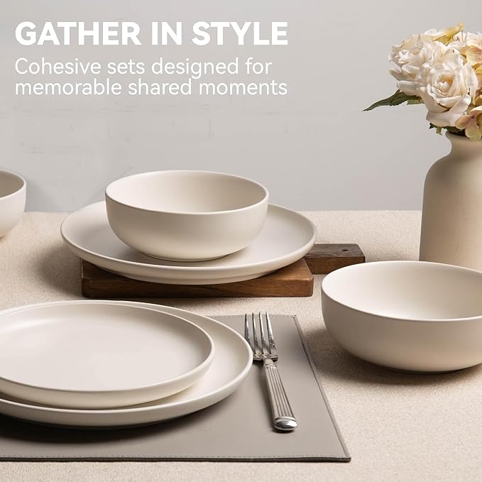 12-Piece Matte White Dinnerware Set,Stoneware Dinnerware for 4, Microwave & Dishwasher Safe, Stackable Design for Kitchen and Dining - Plates and Bowls