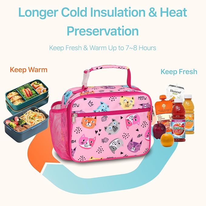 Bagseri Kids Lunch Bag Girls - Kids Lunch Box for Girls Reusable Leak-Proof Insulated Lunch Bag with Water Bottle Holder Toddler Lunch Box for Daycare and School, Cute Cat (Water Bottle Not Included)
