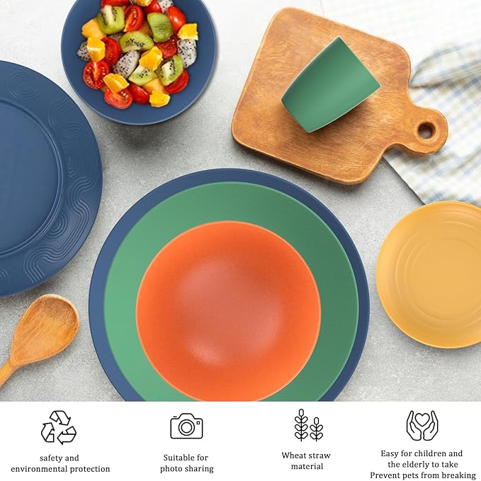 Wheat Straw Dinnerware Sets for 8,Dishwasher & Microwave Safe Plates and Bowls Sets 40 PCS, Unbreakable Dish Sets for Kitchen,Camping and Outdoor,Alternative to Plastic Bowls Reuseable - Multi color