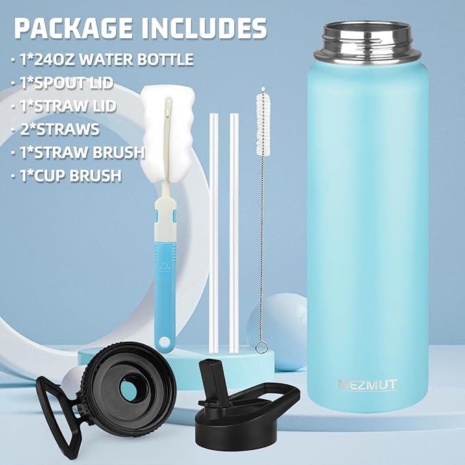 24oz Insulated Water Bottle with Straw&2 Lids, Stainless Steel Water Bottles, Sports Metal Water Bottle Cup, Double Walled Vacuum Insulated Bottles Leak-Proof Travel, Blue