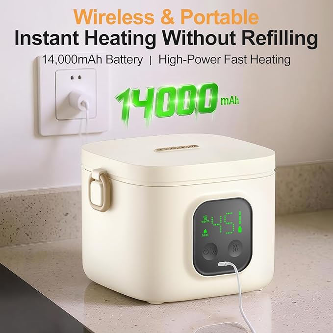 Wireless Portable Adult Electric Lunch Warmer Powered By 14000mAh Battery Self-Heating Food Warmer Type-C Rechargeable Port 0.8L Portable Self-Heating Food Warmer Ideal for Office Camping Outdoor