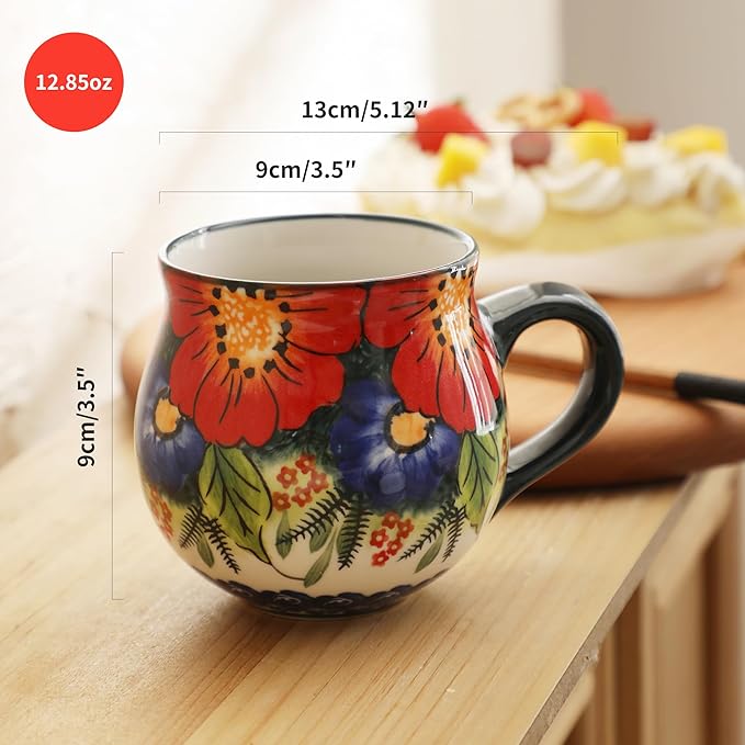 ALMA 2025 Updated Ceramic Coffee Mug 12oz/380ml,Flower Mug,Unique Tea Cup For Women,Microwave Oven Safe(Jungle Floral,Medium)