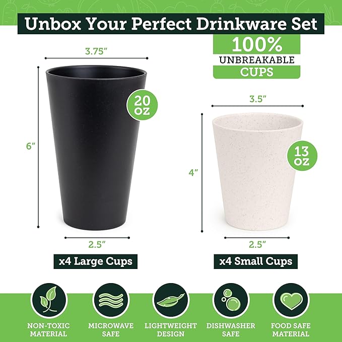 Grow Forward Premium Wheat Straw Cups - 13 & 20 oz Unbreakable BPA Free Hard Plastic Cups - Reusable Lightweight Plastic Drinking Glasses for Kitchen, Outdoor, Water, Camping, RV - Moonlight