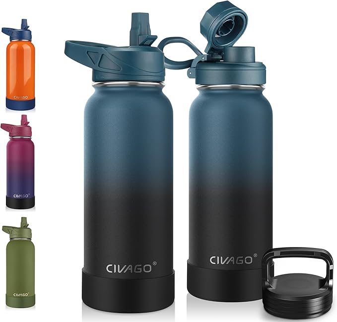 CIVAGO 32 oz Insulated Water Bottle With Straw, Stainless Steel Sports Water Cup Flask with 3 Lids (Straw, Spout and Handle Lid), Wide Mouth Travel Thermal Mug, Indigo Black