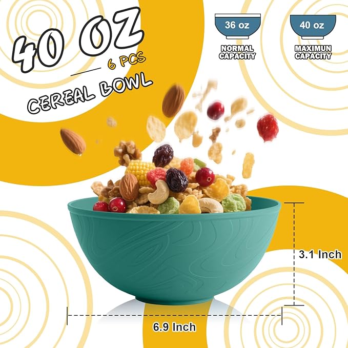 40 OZ Wheat Straw Bowl Sets, 6 PCS Unbreakable & Lightweight Salad Bowls, Microwave & Dishwasher Safe, BPA-Free, Kitchen Bowl Set for Serving, Soup, Oatmeal, Fruit, Noodles, Green