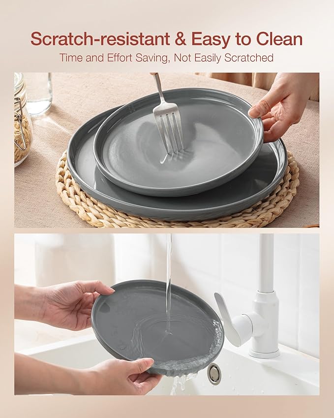 Famiware Milkyway Stoneware Dinnerware Sets with Pasta Bowls, Service for 4 (16 Pieces), Plates and Bowls Sets -Scratch Resistant, Microwave and Dishwasher Safe Dishes Set, Dark Gray