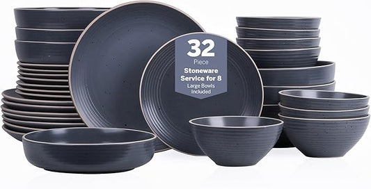 Stone Lain Lauren Stoneware, Rustic Plates and Bowls Set, Dinnerware, Service for 8, Speckled Charcoal, Dishwasher & Microwave Safe, 32-Piece