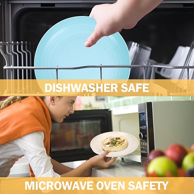 Rubtlamp Wheat Straw Plates and Bowls sets, Reusable Plastic Dishes Set for 4, Kitchen Wheat Straw Dinnerware Sets (Light Four Colors) Include Dinner Platos, Dessert Platos, Cereal Bowls, Cups