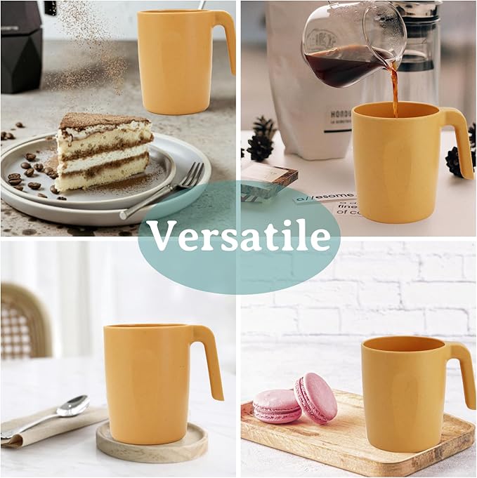 Wrova 16oz Wheat Straw Cups with handles set of 6-Plastic Cups Reusable-Unbreakable Kids Mugs-Dishwasher Safe & Microwave Safe-Ideal Mugs for Tea,Coffee,Camping,RV-Banana Yellow