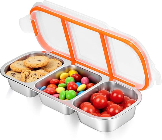 Stainless Steel Snack Containers - Reusable 3 Compartment Snackle Box Container with Lids for Kids Adults, Divided Snack Food Storage Containers for School, Home, Travel