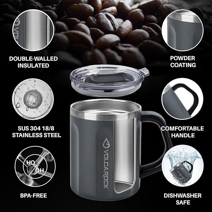 Stainless Steel Coffee Mug Cup with Handle, 16 oz Double Wall Vacuum Insulated Travel Mug Tumbler With Slider Lid, Insulated Camping Tea Flask for Hot & Cold Drinks (Grey)