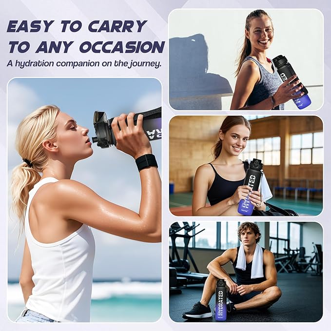 Water Bottle, 32 oz Sports Water Bottles with Time Marker Wide Mouth, Motivational and Leakproof Drink Bottle, BPA Free Tritan with Carry Strap for Gym Fitness Outdoor(Direct Drink 1 Bottle)