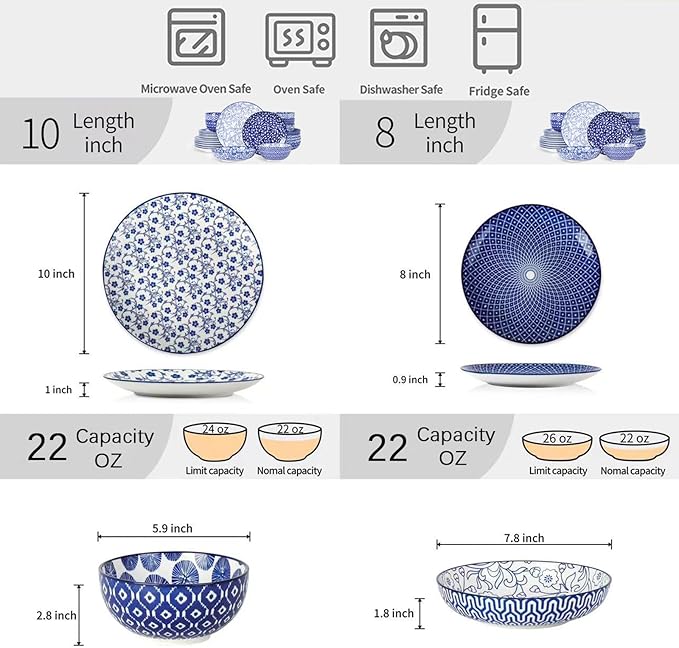 Selamica Ceramic Dinnerware Sets for 6, 24 Piece Plates and Bowls Sets, Highly Chip and Crack Resistant Dishes Set-Dishwasher & Microwave & Oven Safe, Vintage Blue