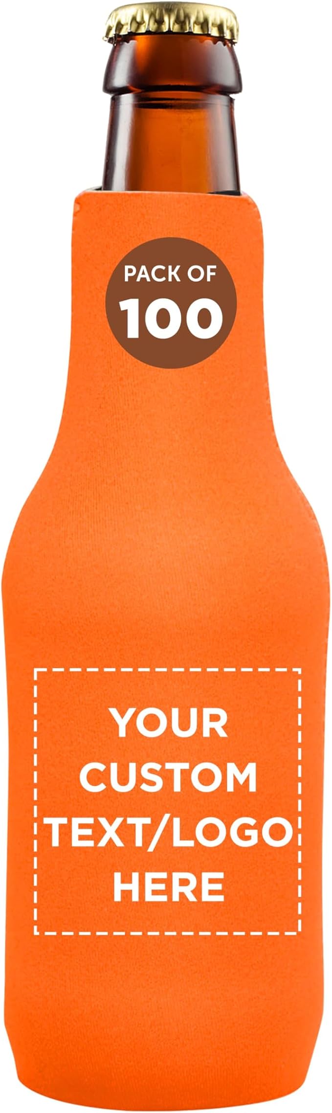 100 Neoprene Zippered Beer Bottle Coolies Pack - Customizable Text, Logo - Sharkskin Rubber Bottom - Neon Orange