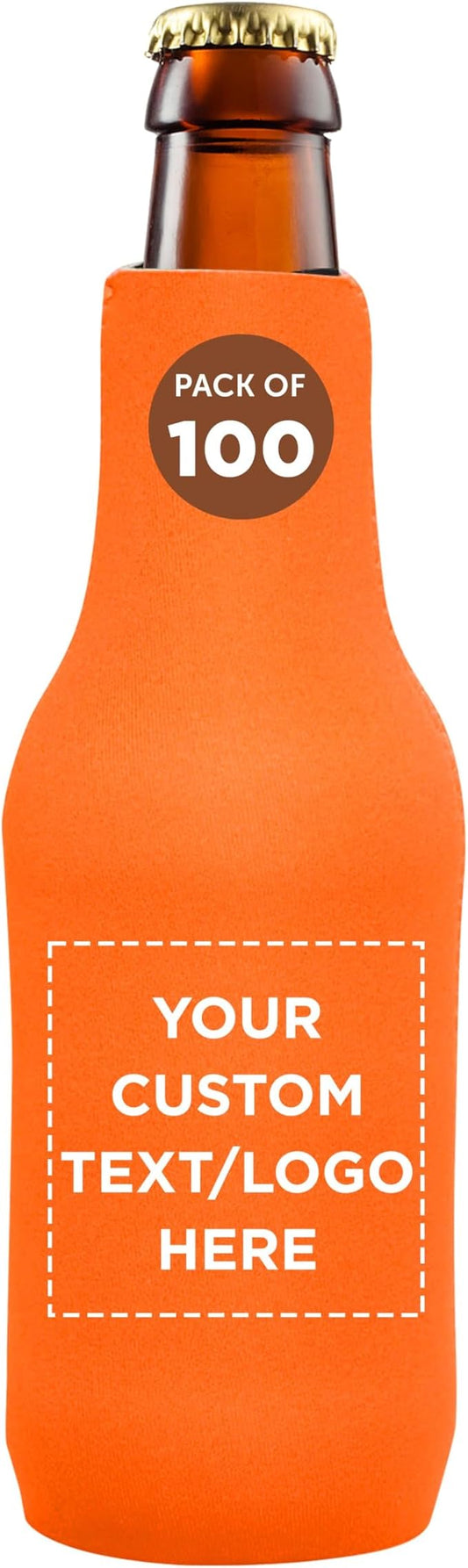 100 Neoprene Zippered Beer Bottle Coolies Pack - Customizable Text, Logo - Sharkskin Rubber Bottom - Neon Orange