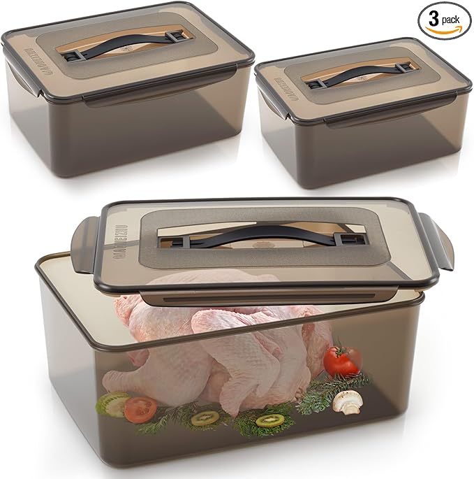 3 Pcs Marinating Containers with Lid 12.5, 8.3, 6.5 Quart Plastic Food Brining Containers Dishwasher Safe Grilling Accessories for Meat Chicken Turkey Rib BBQ Prep Storage