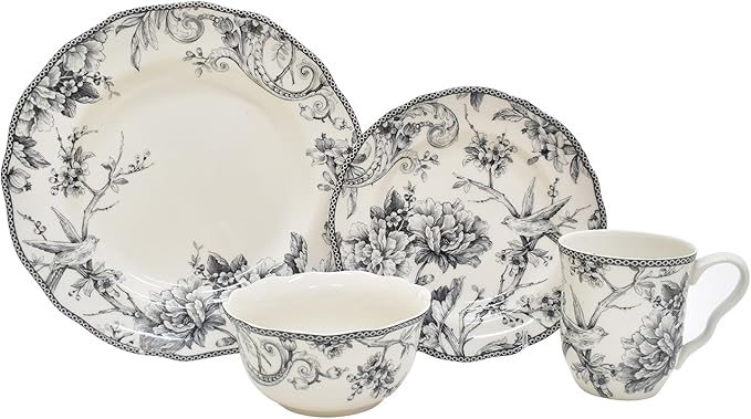 222 Fifth Adelaide 16-Piece Casual Grey Porcelain Dinnerware Set – Service for 4, Classic Toile Bird & Floral Design, Microwave & Dishwasher Safe, for Everyday Dining & Entertainment