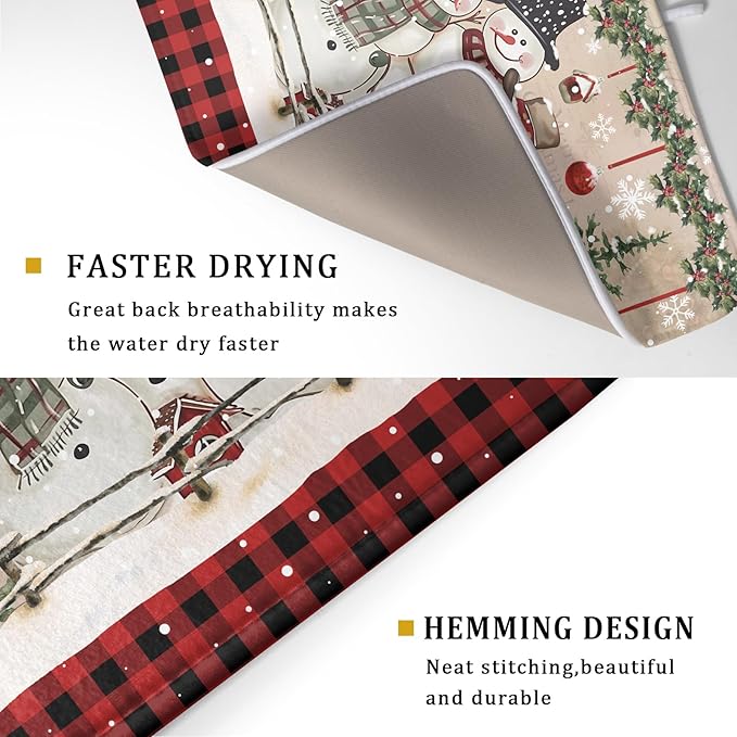 Winter Snowman Dish Drying Mat 18x24 Inch Red Buffalo Plaid Holiday Dish Drainer Mat Absorbent Dish Rack Pad for Kitchen Counter Sink Decor