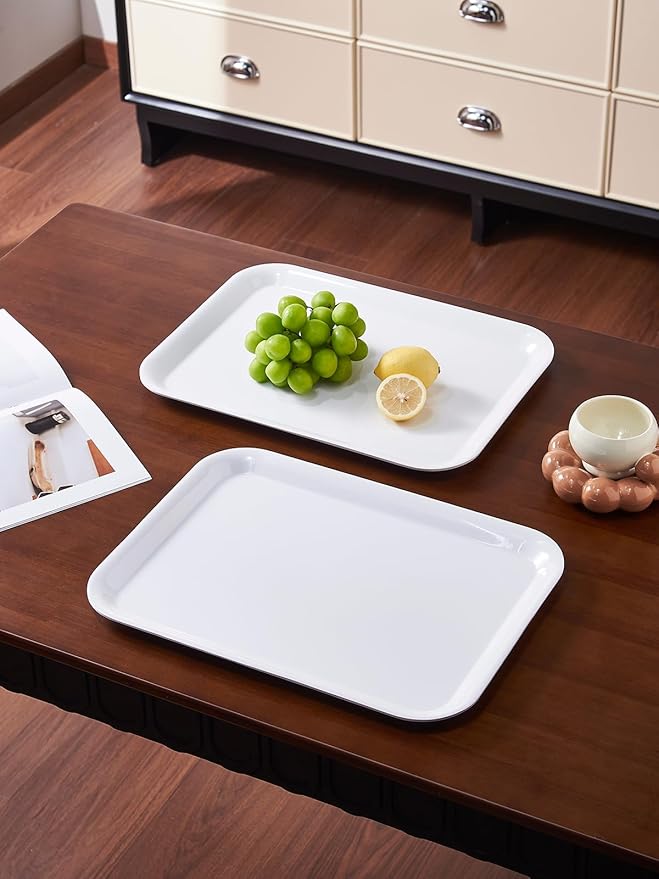 Blue Boat 17" x 12.5" Rectangular Serving Trays Set of 2 White, Melamine Serving Platter, Light Weight Easy to Clean Sturdy Stackable BPA-Free Dishwasher Safe