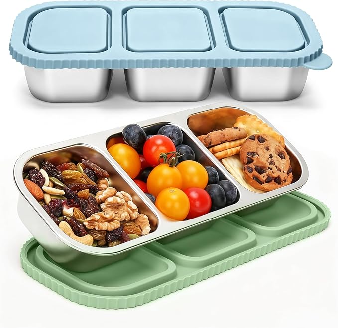 ﻿ 3 Compartment Stainless Steel Snack Containers with Silicone Lids, Reusable Food Storage Containers ，snackle box container for School ，Travel, Outdoor, Camping.