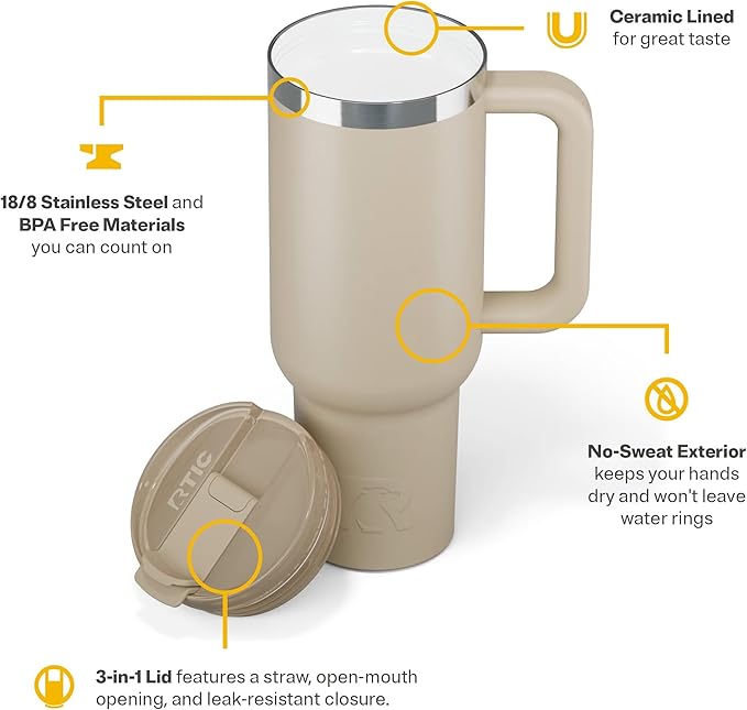 RTIC 40 oz Road Trip Tumbler Double-Walled Cermaic Lined Insulated Stainless Steel Portable Travel Coffee Mug Cup with Lid, Handle and Straw, Beach