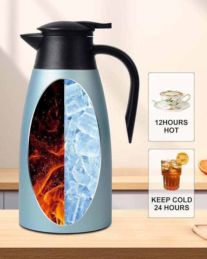 70 OZ Updated Thermal Coffee Carafe for keeping hot, 2 PCS Carafes for hot liquid, Insulated Coffee Carafe Stainless Steel Vacuum Thermal Pot for Coffee, Hot Water,Keep Hot 12 Hours (Blue+Blue)