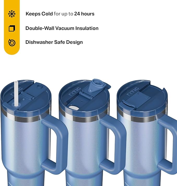 RTIC 40 oz Road Trip Tumbler Double-Walled Cermaic Lined Insulated Stainless Steel Portable Travel Coffee Mug Cup with Lid, Handle and Straw, Pond Glitter