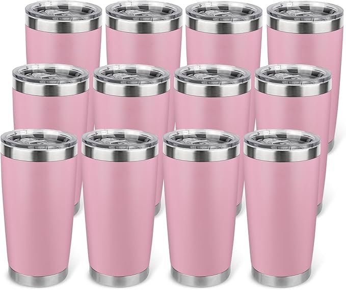 20oz Stainless Steel Tumbler Bulk with Lid, Travel Mug - Double Wall Vacuum Powder Coated Cup - Light Pink, 12 Pack