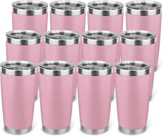 20oz Stainless Steel Tumbler Bulk with Lid, Travel Mug - Double Wall Vacuum Powder Coated Cup - Light Pink, 12 Pack