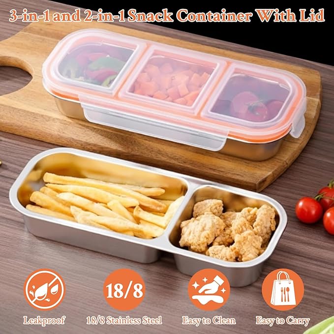 2 Pack Stainless Steel Snack Containers, 3+2 Compartment Snack boxes, Reusable Snack Containers with Lids for Adults - Leakproof Divided Metal Food Storage Bento Lunch Box for Work, Office, Travel