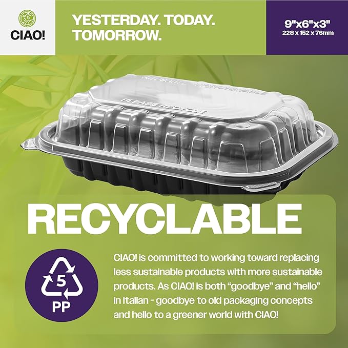 CIAO! 9"x6"x3" Polypropylene Black bottom with Clear Lid Hinged Container 1 Compartment Take Out Container, Microwavable, Recyclable and Reusable, (Case of 150)